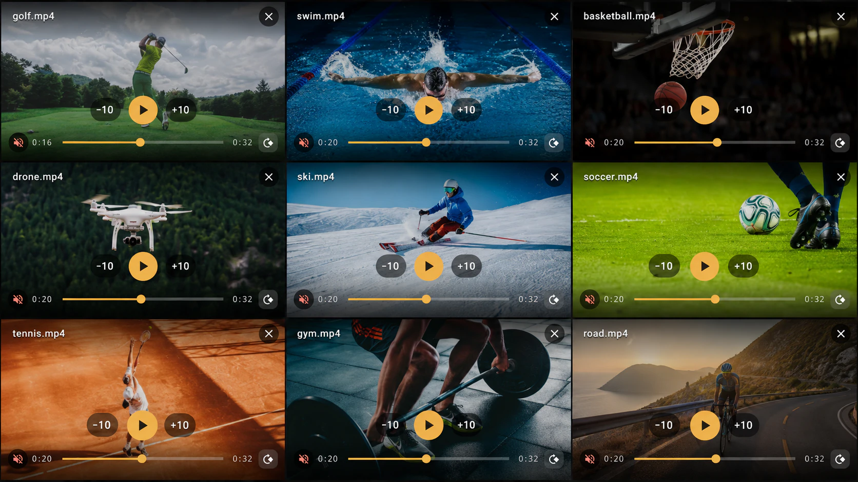 NinePlay landscape 3 by 3 player showing independent controls for nine videos