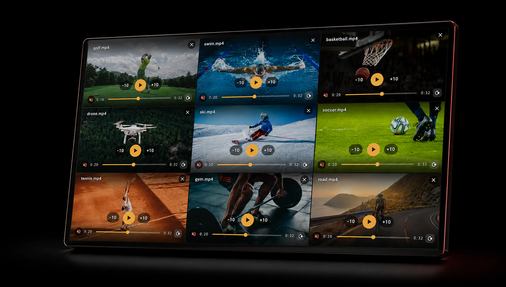 NinePlay 3 by 3 multi-video player shown as a floating landscape product render